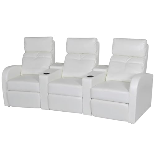 Fisinber 3-Seater Recliner Sofa White Faux Leather Manual Reclining Couch with Adjustable Armrests and Cup Holders Modern Home Theater Seating for Living Room Lounge