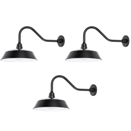 Gama Sonic Solar Barn Light for Outdoors with 14.5” Metal Dome Lamp, Bright 250-Lumen LED, Wall-Mount Gooseneck, Dusk-to-Dawn, 2700K, Aluminum, Integrated Solar Panels, Waterproof (Black) - 3-Pack