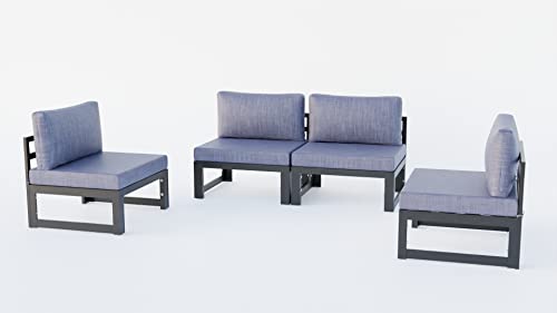 LeisureMod 4-Piece Armless Outdoor Patio Sectional Set with Cushions – Modern Blue Patio Chairs for Garden, Deck, or Backyard
