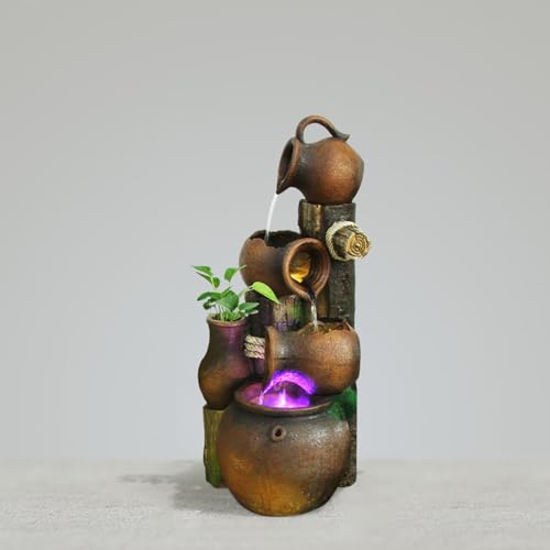 Rustic Rock Water Fountain with LED Lights and Planter Accents – Indoor/Outdoor Cascading Waterfall Feature for Home or Garden Decor(2167)