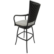 Pemberly Row Outdoor/Indoor Pub Set, 36 in Round Black Table, 30 in Bar Height Stools with Arms, Powder-Coated UV Frame, Natural Fun Beige Fabric, Durable Design for Patio or Bar Use