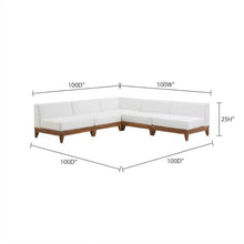 Outdoor Escape White Fabric Modular Outdoor Patio Sectional, Acacia Wood Finish, Cushioned Seating, Outdoor Living Furniture