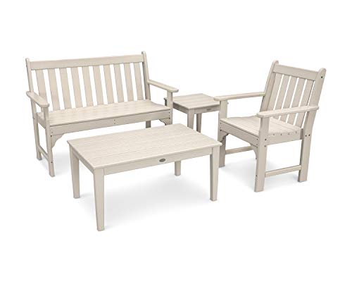 Polywood Vineyard 4-Piece Outdoor Bench Seating Set, Sand - HDPE Patio Furniture with Coffee Table and Side Table - Deep Seating Garden Conversation Set for Deck, Porch & Backyard