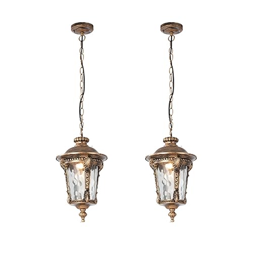 LustreVibe Retro Outdoor Pendant Light - Waterproof Ceiling Hanging Lamp for Garden, Patio, and Porch - Adjustable E27 Chandelier in Gold Finish (23 * 35cm)(Gold-18 * 27cm,2 PCS)