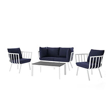 Lounge Sectional Sofa Chair Set, Aluminum, Metal, White Blue Navy, Modern, Outdoor Patio Cafe Bistro