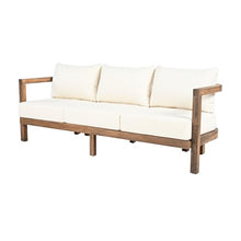 Merax 3 Seater Outdoor Acacia Wood Patio Sofa with Cushions for Porch, Garden, Backyard, Balcony, Brown wash, Beige Cushion