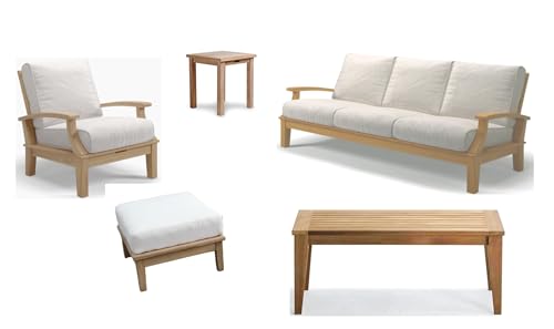 WholesaleTeak Somer 5 Pc Sofa Set: Sofa, Lounge Chair, Ottoman, Coffee Table & Side Table with Sunbrella Cushions in #57003 Canvas White #12SO5