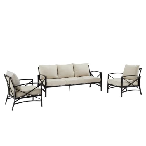 Afuera Living 3-Piece Metal Outdoor Sofa Set, Oatmeal/Oil Rubbed Bronze Finish, Steel Construction, Weatherproof Cushions, Transitional Patio Furniture Seating for 5, Sofa and 2 Armchairs