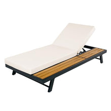 Merax 2 piece Black Iron + Teak Finish Chaise Lounge Set with 4" Thick 2-Fold Cream Cushion, 400 lbs Capacity, Adjustable Backrest with Flat Storage Surface for Patio, Poolside, Backyard, Cream