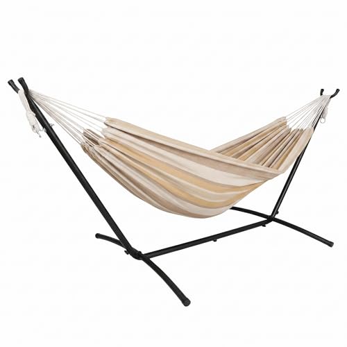 Outdoor Hammock with Heavy-Duty Steel Stand, 600 lbs Capacity Portable Hammock Set with Carry Bag, Striped Cotton Rope Hammock for Garden, Patio, Backyard, Camping