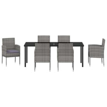 VGLQNRPT 7 Piece Poly Rattan Garden Dining Set, Patio Furniture with Tempered Glass Table and 6 Cushioned Chairs, Outdoor Seating for Backyard and Garden, Grey