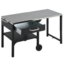 WZONICE98 Outdoor Grill Table, Foldable Stainless Steel Prep Station with Wheels, Portable BBQ Cart with Drawer and Storage Shelf, Folding Grill Table for Camping Patio Backyard, Black