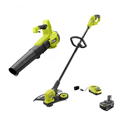 RYOBI ONE+ 18V Cordless 13 in. String Trimmer/Edger and Blower with 4.0 Ah Battery and Charger Green, P2039