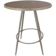 Pemberly Row Outdoor/Indoor Pub Set, 36 in Round Table, 30 in Seat Height Stools with Arms, UV Powder-Coated Beige Metal Frame, Valley Linen Beige Fabric, Durable Bar Height Dining Set for Patio or