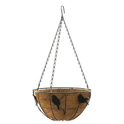 14" Black, Round Steel Hanging Basket Planter w Bird Motif - Pack of (18)