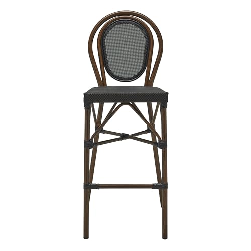 Euro Style Erlend Indoor/Outdoor Bar Stool | Modern French Bistro Style | Stackable, Weather-Resistant Seating for Patio, Bar, Restaurant, Cafés, Wineries, Balcony, Poolside | Black/Brown | Set of 1