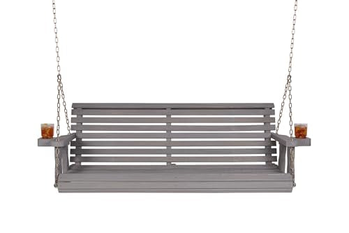 Amish Casual Heavy Duty 700 Lb Capacity Porch Swing with Cup Holders (4 Foot, Semi-Solid Grey Stain) – Wooden Outdoor Roll Back Swing with Hanging Chains – Amish Made in the USA
