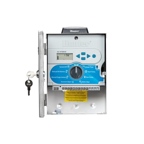 Hunter XC Hybrid Solar Sprinkler Controller, 6 Zone Irrigation Timer, Programmable Outdoor Automatic Irrigation Control, Stainless Steel Casing, (XCH-600-SS-P)