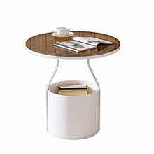 Modern Indoor Outdoor Side Tables with Storage Basket, Small Round End Table with Tempered Glass Tabletop and Metal Frame Metal, for Patio Yard Balcony Garden Bedside White&Black Simple(Brown+White)