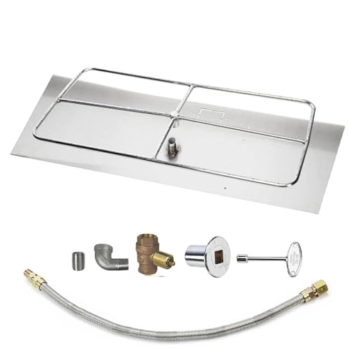 Spotix HPC Rectangle Match Lit Fire Pit Burner Kit (FPSR48X24HCKIT-NG-MSCB) with 48x24-Inch Stainless Steel Burner, Natural Gas, Polished Chrome, with Flange, Key, Valve, Flex Line and Fittings