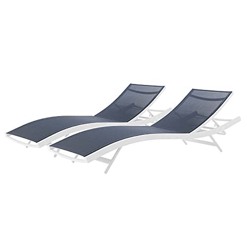 Lounge Chair Chaise, Set of 2, Aluminum, Metal, White Blue Navy, Modern, Outdoor Patio Balcony Cafe