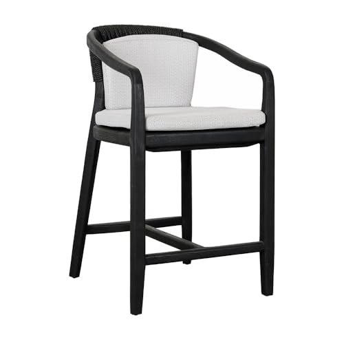 Benzara 25 Inch Outdoor Counter Stool Chair Woven Olefin Fabric Teak Black and Gray