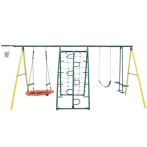 HaoKang 6-in-1 Metal Swing Set with Saucer, Belt, Glider, Net & Hoop Green