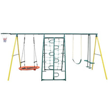 HaoKang 6-in-1 Metal Swing Set with Saucer, Belt, Glider, Net & Hoop Green