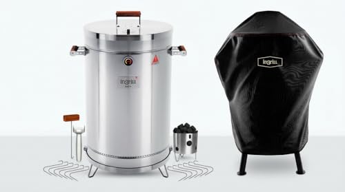 InGrill Basik Medium Stainless Steel Charcoal Smoker Grill Set, Vertical Barrel BBQ Cooker, 3-in-1 Smoke Grill Bake, Includes Canvas Cover (Medium), 26 lb capacity