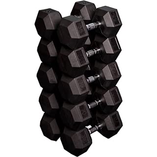 French Fitness Rubber Coated Hex Dumbbell Set 55-75 lbs Black