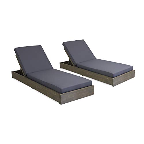 Christopher Knight Home Abraham Outdoor Acacia Wood Chaise Lounge with Cushion Set of 2 Gray Finish + Dark Gray