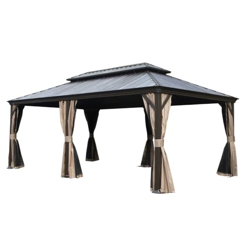 Neojoyoenix 12" x 20" Hardtop Gazebo, Upgraded Metal Gazebo with Drainage System, Dual-Layer Galvanized Steel Roof, Curtain and Netting, Outdoor Shelter Canopy for Patio, Garden, and Backyard, Brown