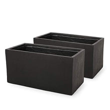 Vanessa Outdoor Modern Large Cast Stone Rectangular Planters (Set of 2), Black