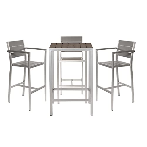 Benjara Kylo 5 Piece Bar Table Set, Polyresin Backs and Seats, Aluminum Frame, Gray and Brown