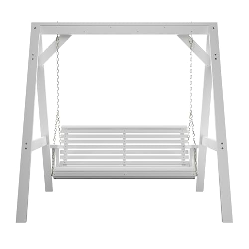 Amish Casual 6 Foot Roll Back Swing with A-Frame Stand in Semi Solid White - Freestanding Wood Porch Swing for Patio, Yard or Garden