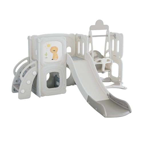 KZPFER 5-in-1 Toddler Slide and Swing Set with Whiteboard Gray