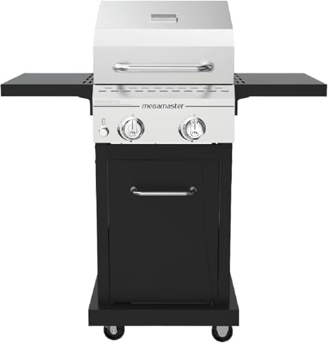 Megamaster Deluxe 2 Burner Gas Grill, Compact Design with Foldable Shelves