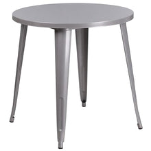 BOWERY HILL 3 Piece 30" Round Metal Patio Dining Set, Silver Powder Coat Finish, Includes Table and 2 Stackable Chairs, Indoor or Outdoor Use, Retro-Modern Style for Commercial or Residential Spaces