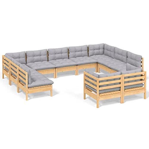 Heofavd 11 Piece Garden Lounge Set, GreySolid Pinewood Patio Furniture Set, Modular Outdoor Sectional Couch with Washable Cushions, 25 x 25 x 24.6 in, Modern Balcony & Backyard Seating for 11 People