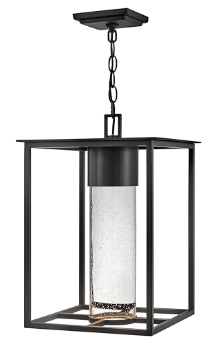 Hinkley Coen Medium Hanging Outdoor Lantern, Composite, Clear Seedy Glass, Dark Sky, Black Finish