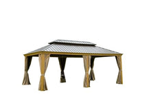 LOPOO Outdoor Living Hardtop Gazebo Metal Structure with Double Roof & Curtains Yellow Brown