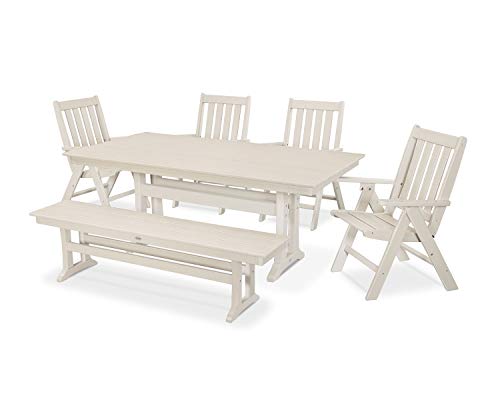 Polywood Vineyard 6-Piece Farmhouse Folding Dining Set with Bench (Sand)