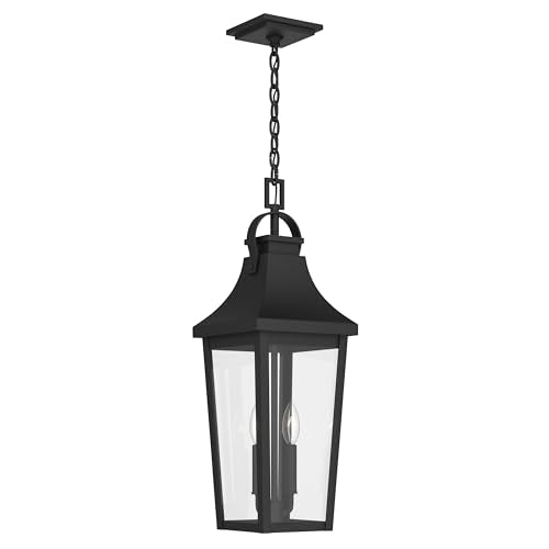 Kichler 24.75 Inch Cleary 2 Light Outdoor Modern Traditional Pendant Light, with Clear Glass in Textured Black, Waterproof Aluminum, (24.75" H x 8.5" W), 59198BKT