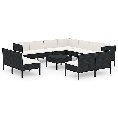 Coespram 12 Piece Patio Lounge Set with Cushions, Modular PE Rattan Sectional Sofa Furniture with Coffee Table for Outdoor Garden Backyard and Porch, Black and Cream White