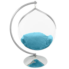 SK CHUMRA Hanging Chair - Transparent Acrylic Bubble, Waterdrop Shape, Indoor Swing Chair with Gold/Chrome Stand, Durable Fabric Cushion - Luxury Accent for Living Room, Bedroom (Chrome/Blue)