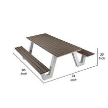 Benzara Limo 86 Inch Picnic Table, Smooth Gray Polyresin Slats, Aluminum Frame