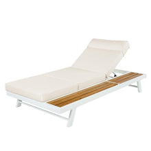 Merax 4 piece White Iron Teak Finish Chaise Lounge Set with 4" Thick 4-Fold Cushion with Headrest, 400 lbs Capacity, Adjustable Backrest with Flat Storage Surface for Patio, Poolside, Backyard, Cream