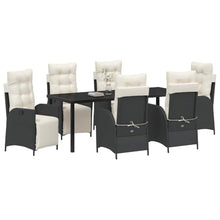 LPERTGFHU 7 Piece Garden Dining Set, Black Poly Rattan Patio Furniture with Adjustable Footrests, 6 Chairs and Tempered Glass Table for Backyard Outdoor Seating