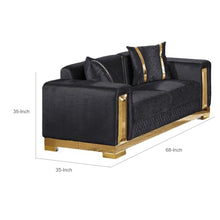 Benzara Loveseat with 2 Pillows, Barrel Back, Gold Base, 68 Inch Black