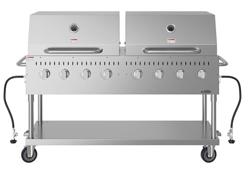 60 in. 8-Burner Commercial Outdoor Propane Gas Grill with 2 Roll Dome Covers in Stainless-Steel, ETL Listed (CGKIT6-D30D30)